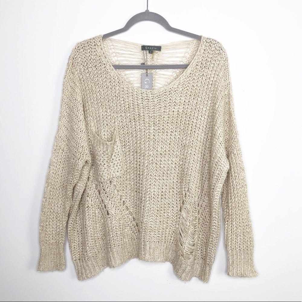 Gracia tan open knit V- neck sweater